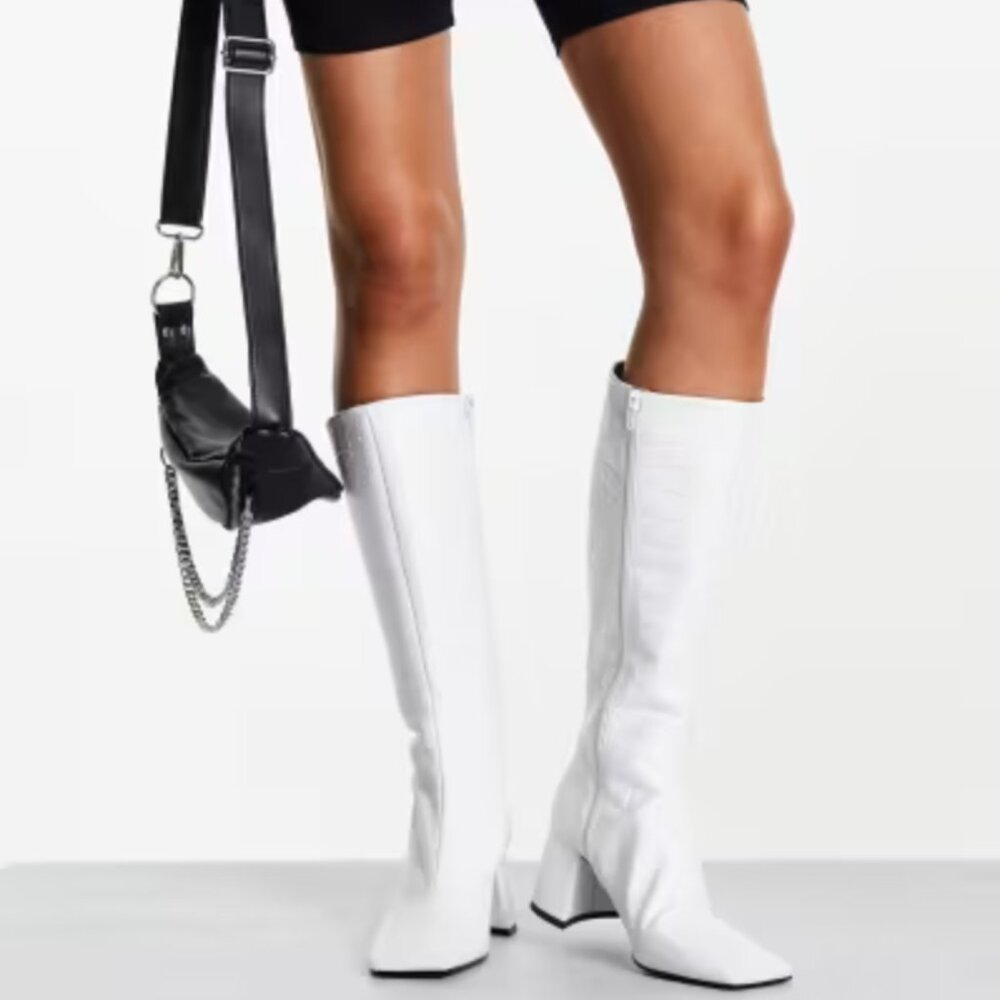Topshop White genuine leather embossed square toe boots